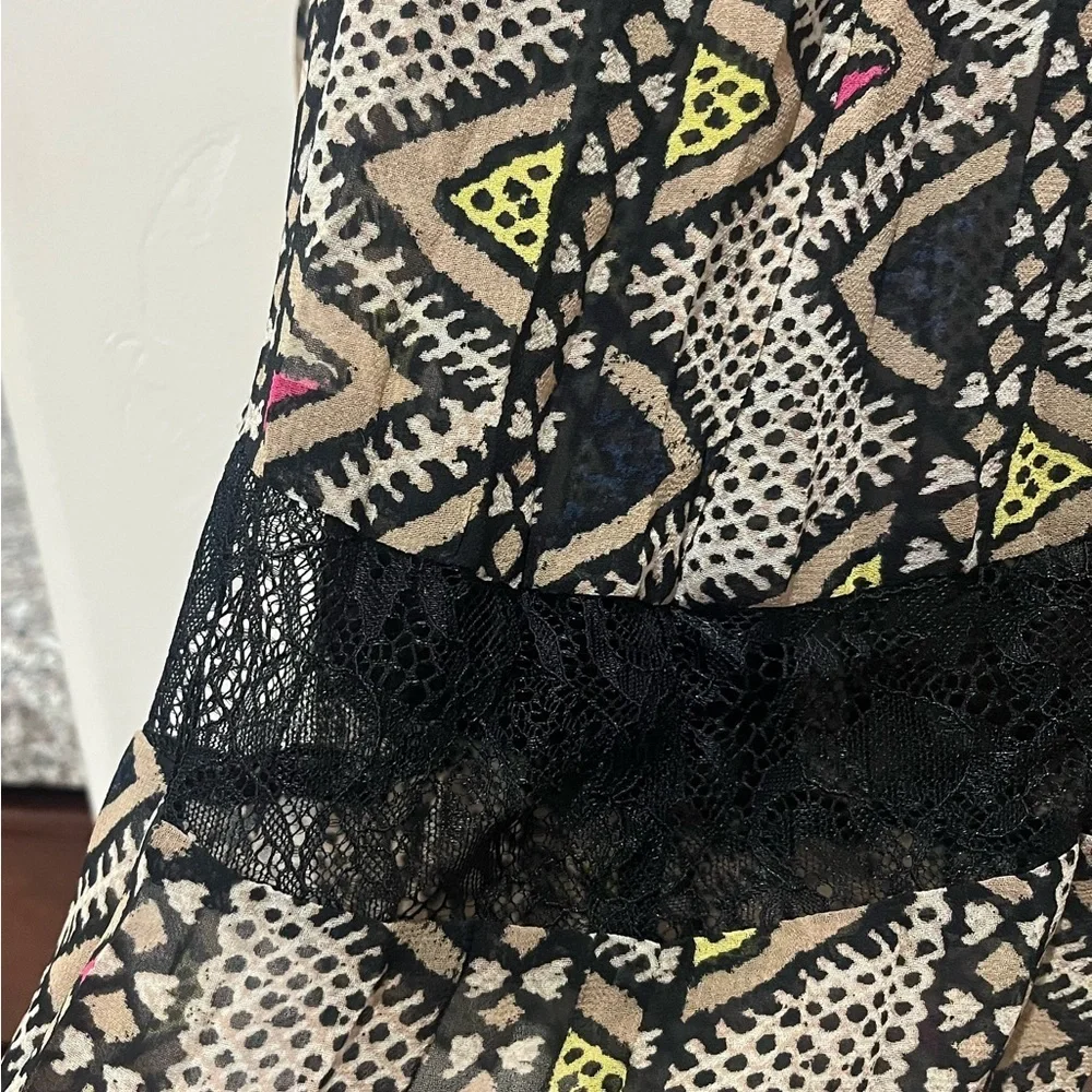BCBGeneration Sheer Pleated Camisole with Lace Detail in Geometric Print Medium